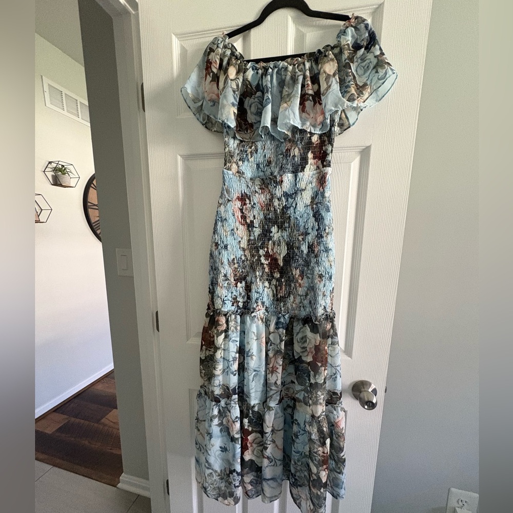 Baltic Born Light Blue Floral Off-Shoulder Ruffle Maxi Dress